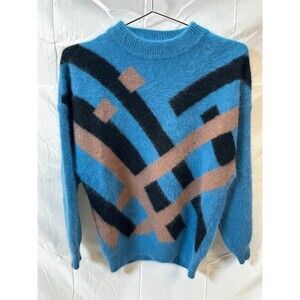 Vintage 90s Geometric Art Sweater M Lambswool Angora Rabbit Hair Cozy Statement